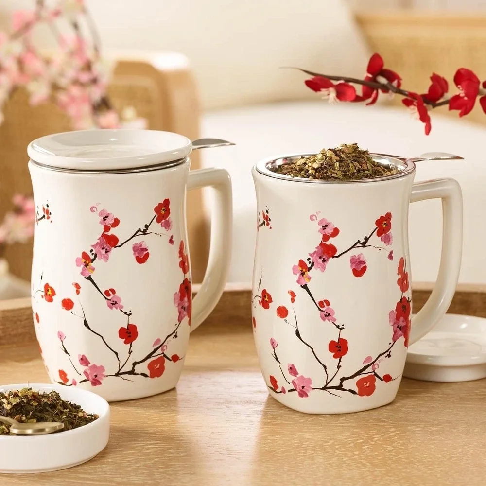 Tea Forte‎ Ceramic Fiore Cup Removeable Stainless Infuser Basket Handle Lid NEW